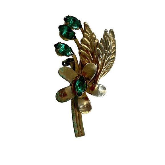 Goldtone and Green Vintage 1960s Brooch Pin Flower Leaf 1.9" - Picture 3 of 6